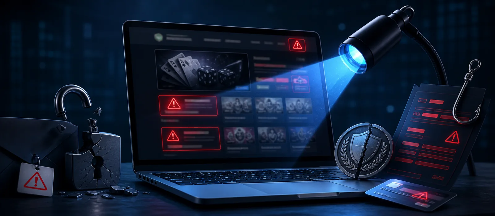 A suspicious gambling website showing broken security and payment warning signs