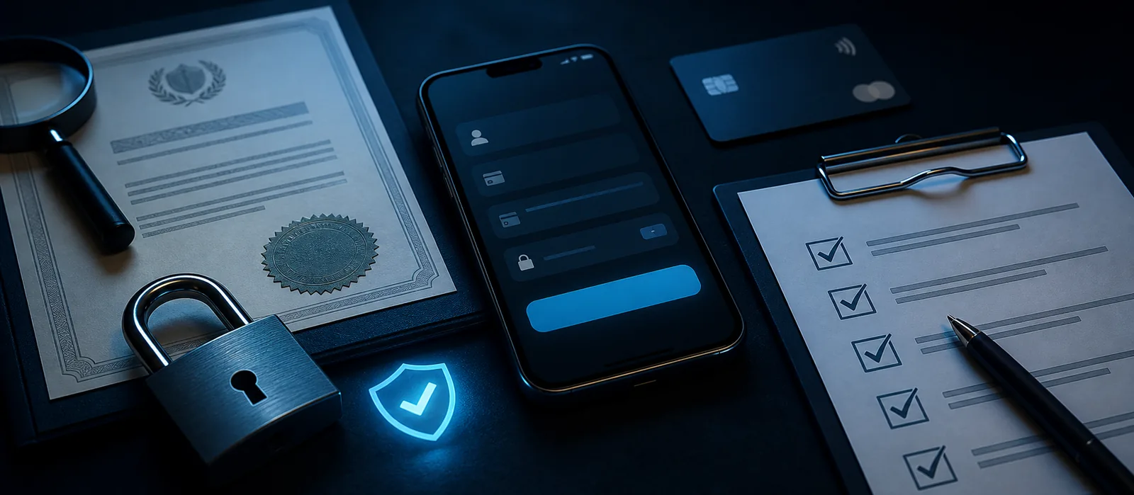 A mobile deposit paused beside a licence, security lock, payment card, and checklist