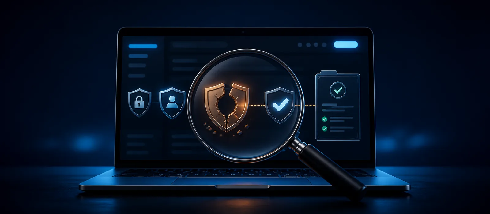 A cracked website trust badge being inspected beside a verified record