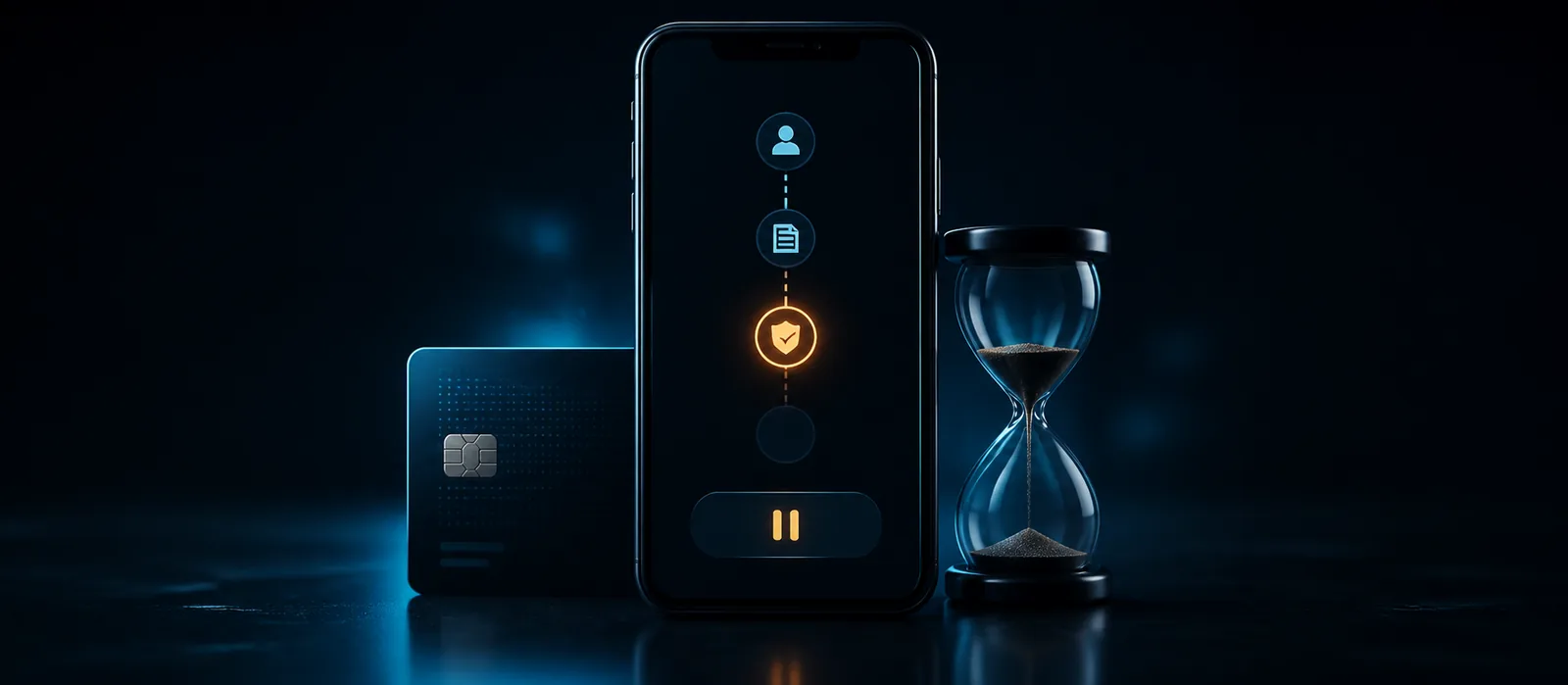 A mobile withdrawal paused for verification beside a payment card and hourglass