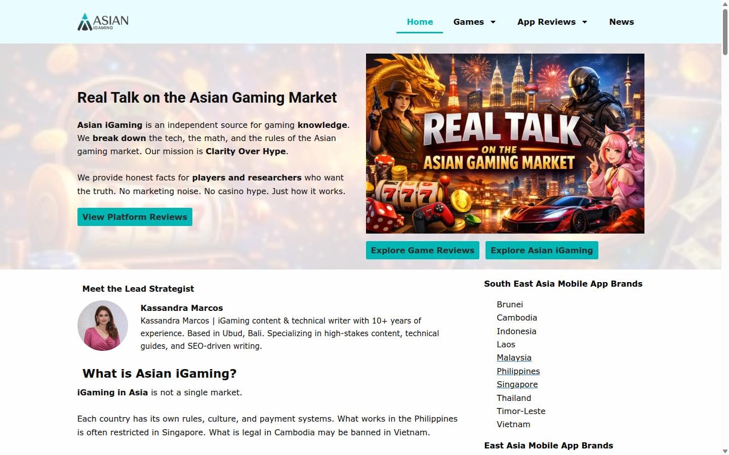 Asian iGaming homepage screenshot