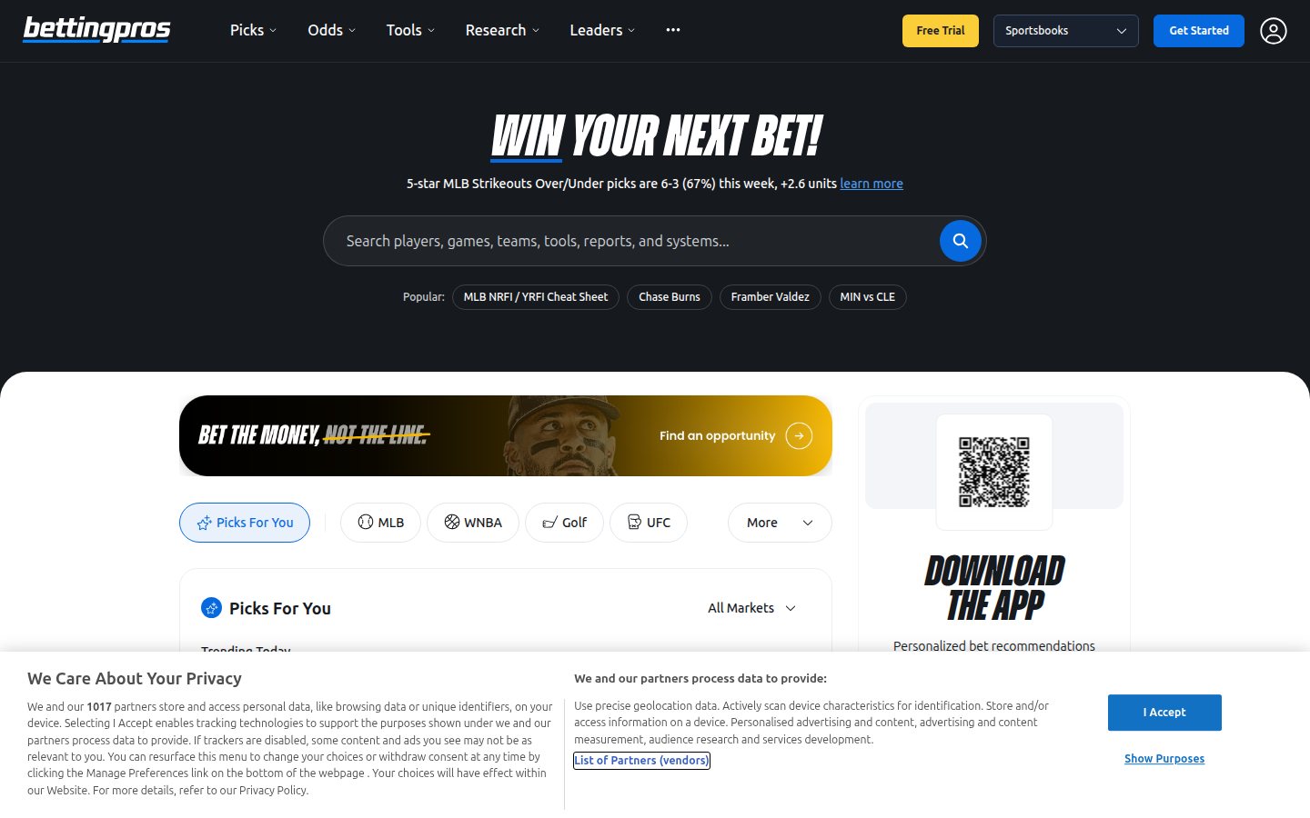 BettingPros homepage screenshot