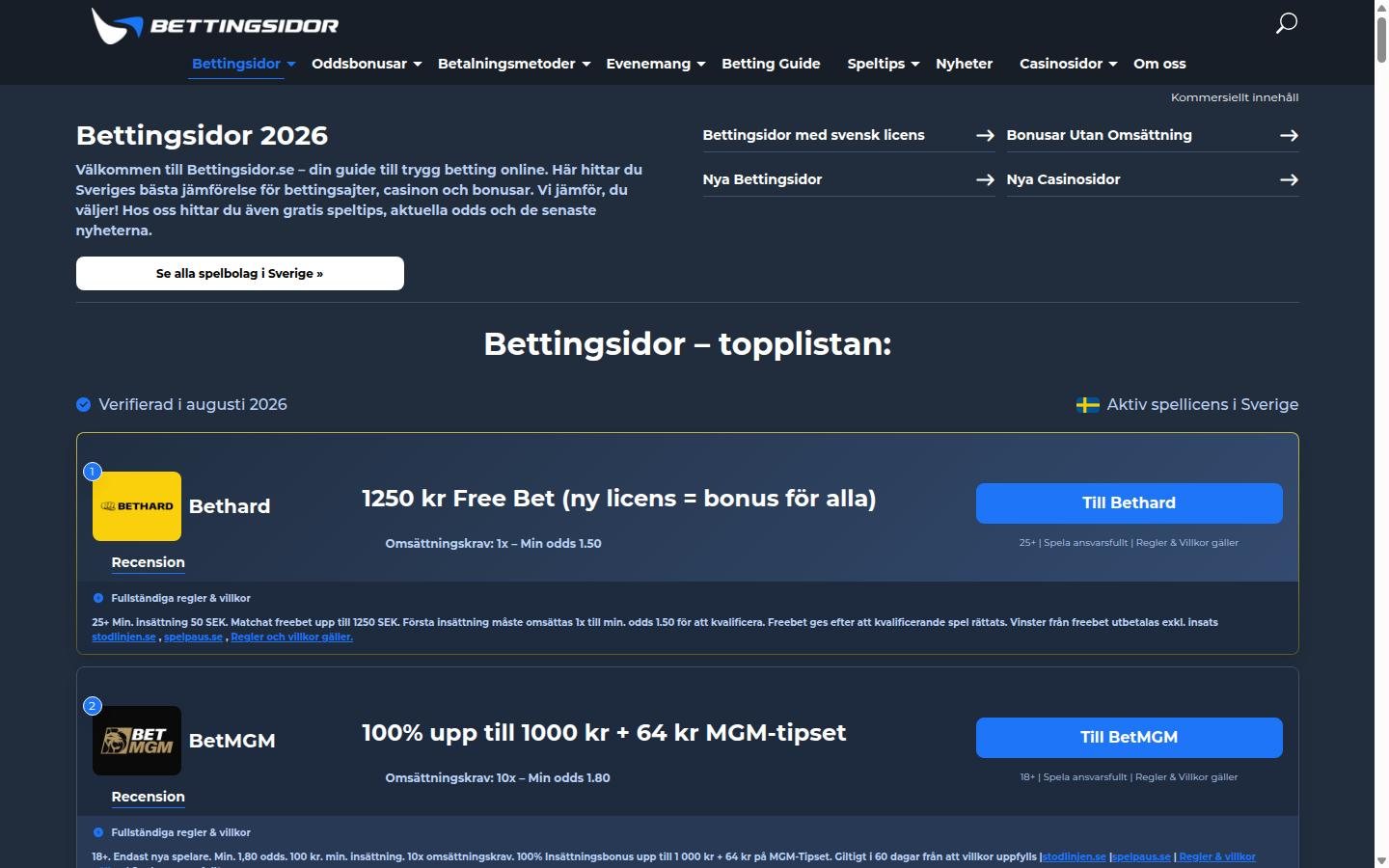 Bettingsidor homepage screenshot