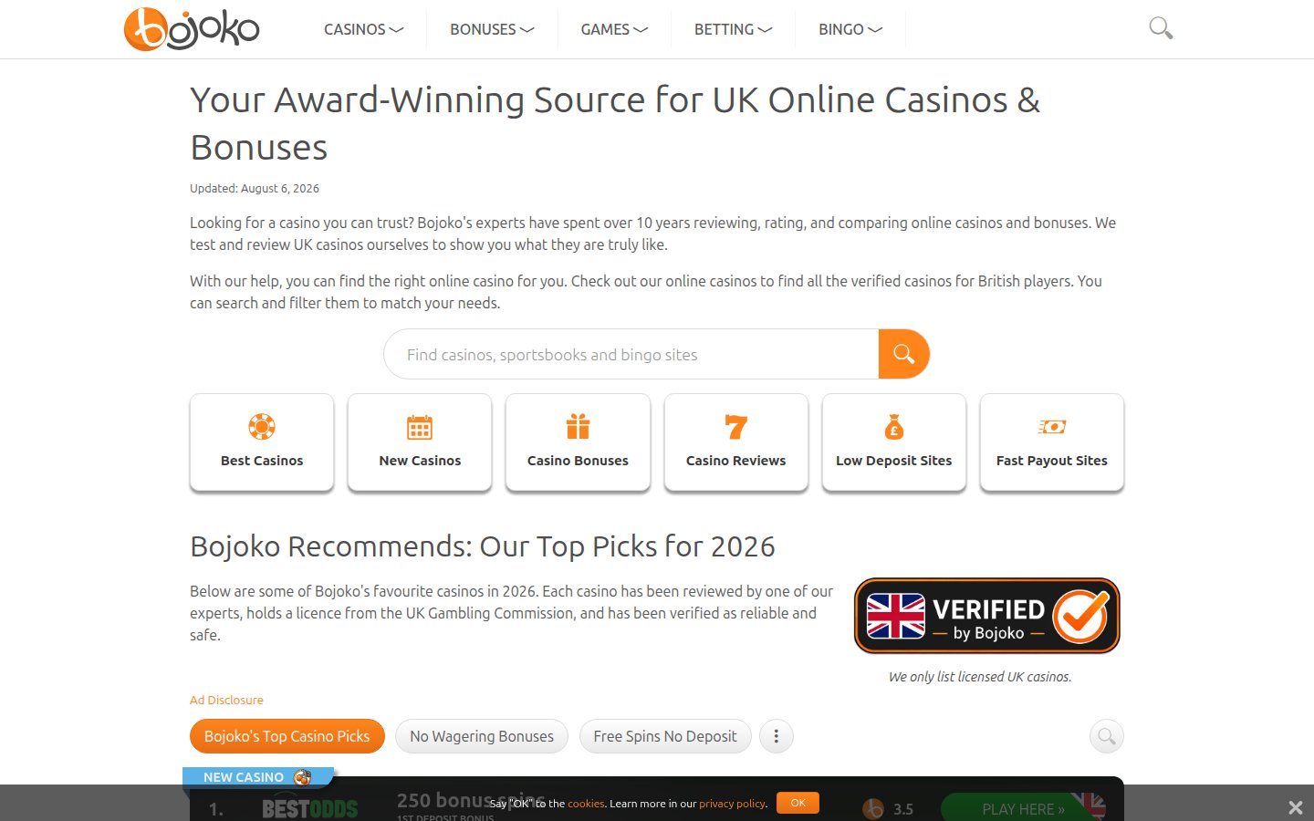 Bojoko homepage screenshot