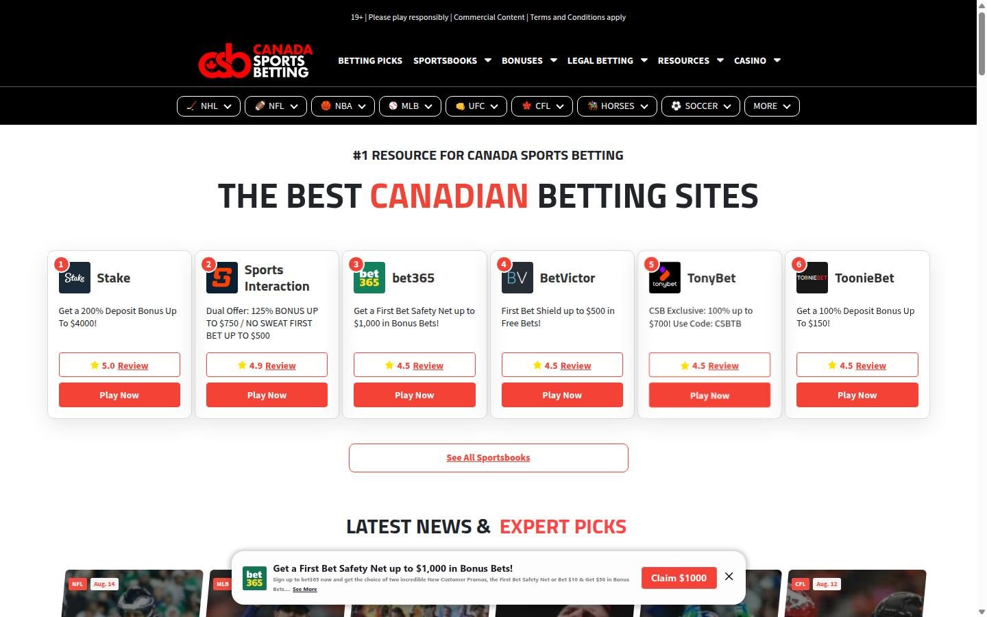 Canada Sports Betting homepage screenshot