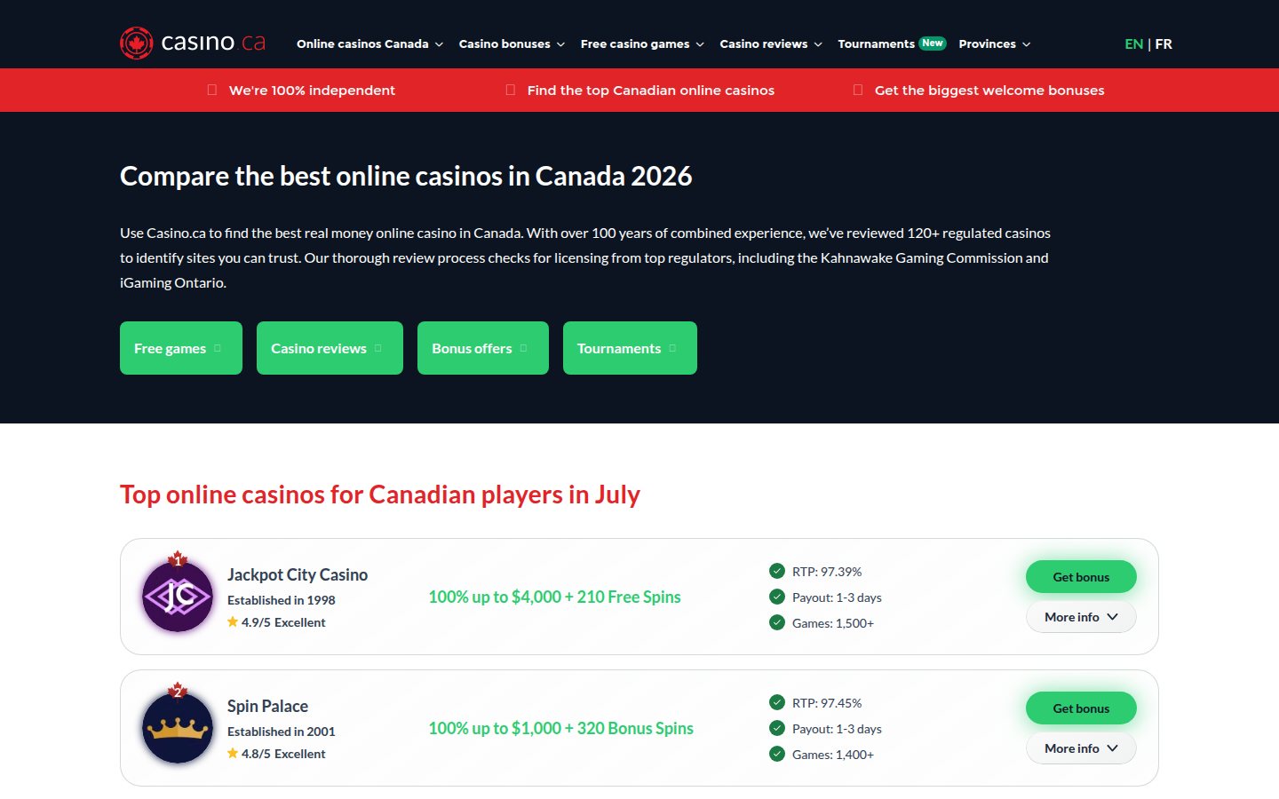 Casino.ca homepage screenshot