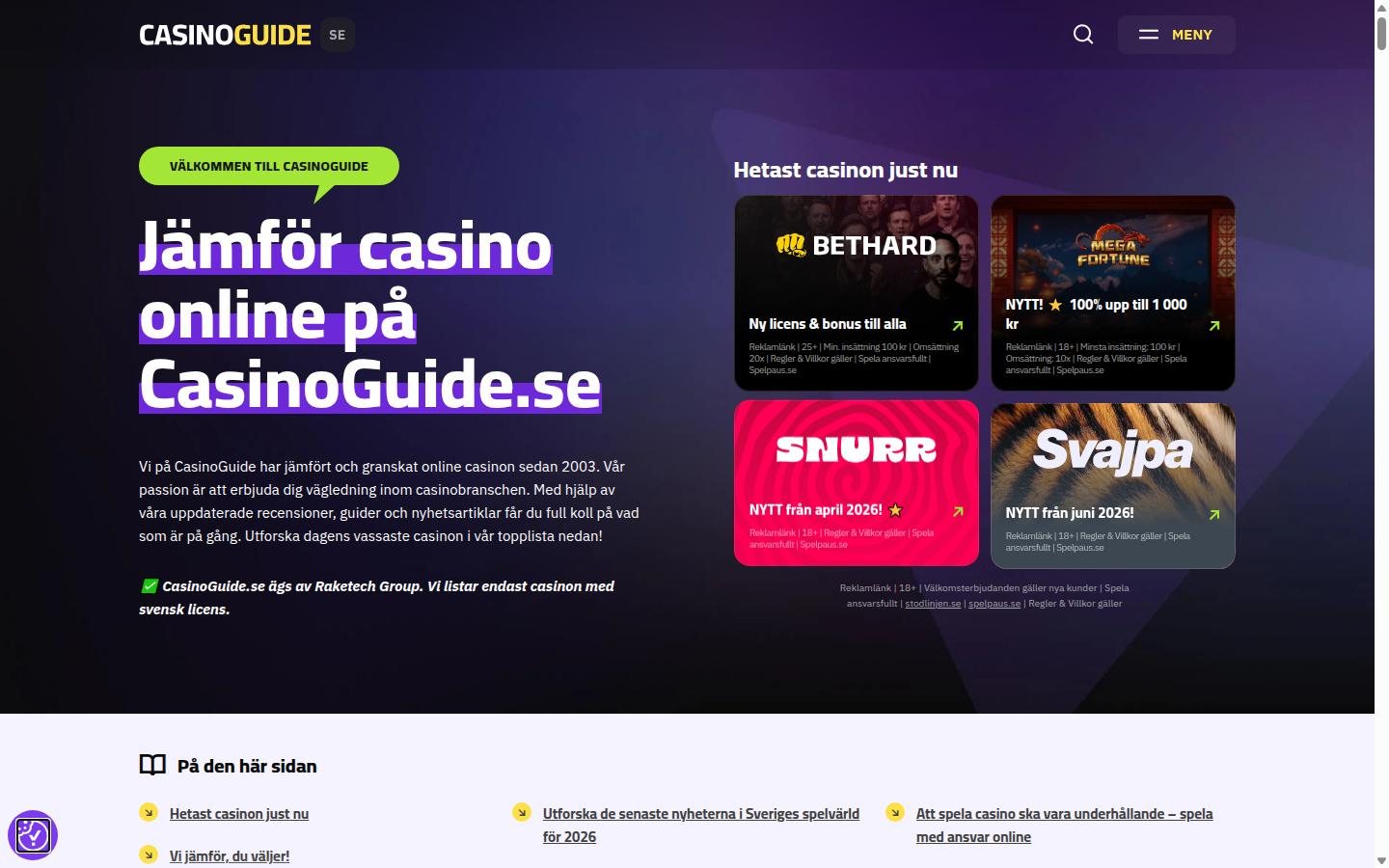 CasinoGuide.se homepage screenshot