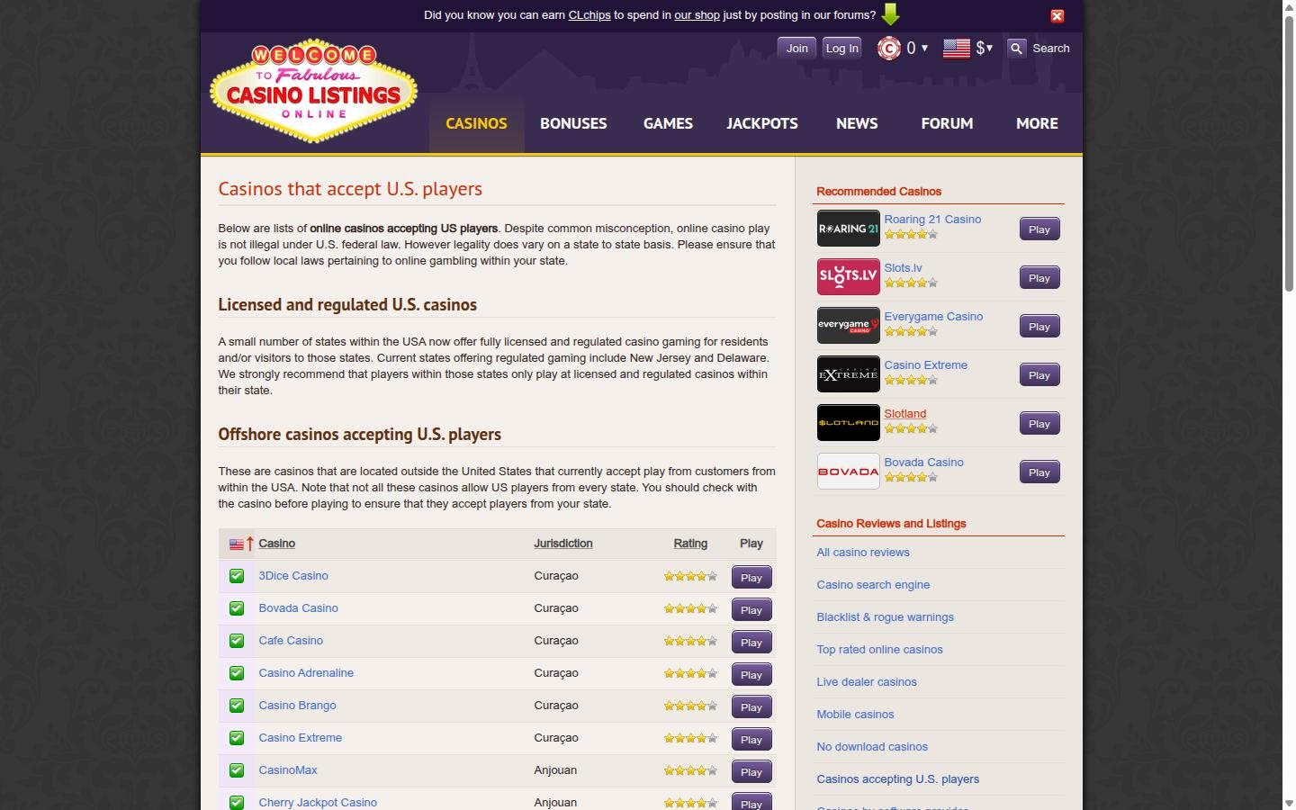 Casino Listings homepage screenshot