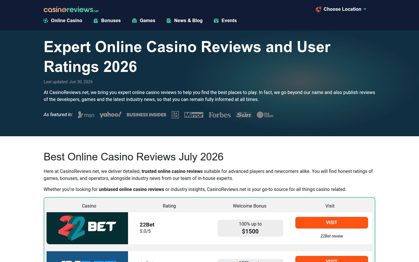 Casino Reviews homepage screenshot