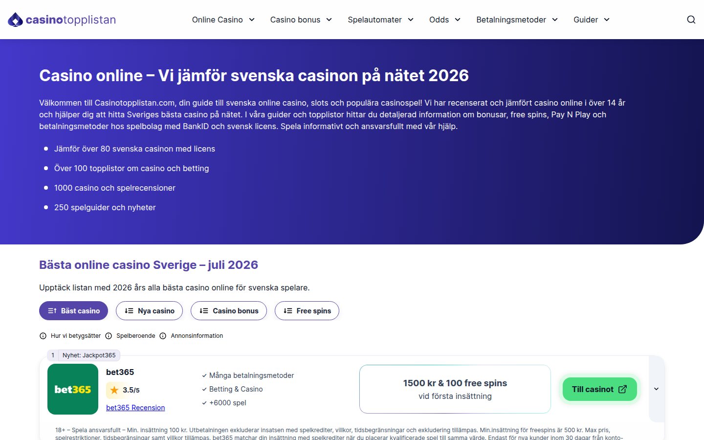 Casino Topplistan homepage screenshot
