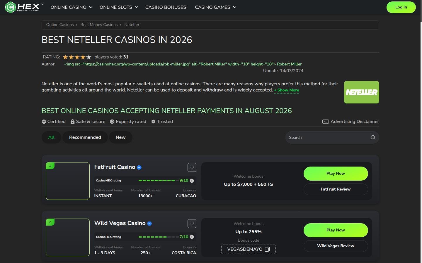CasinoHEX homepage screenshot