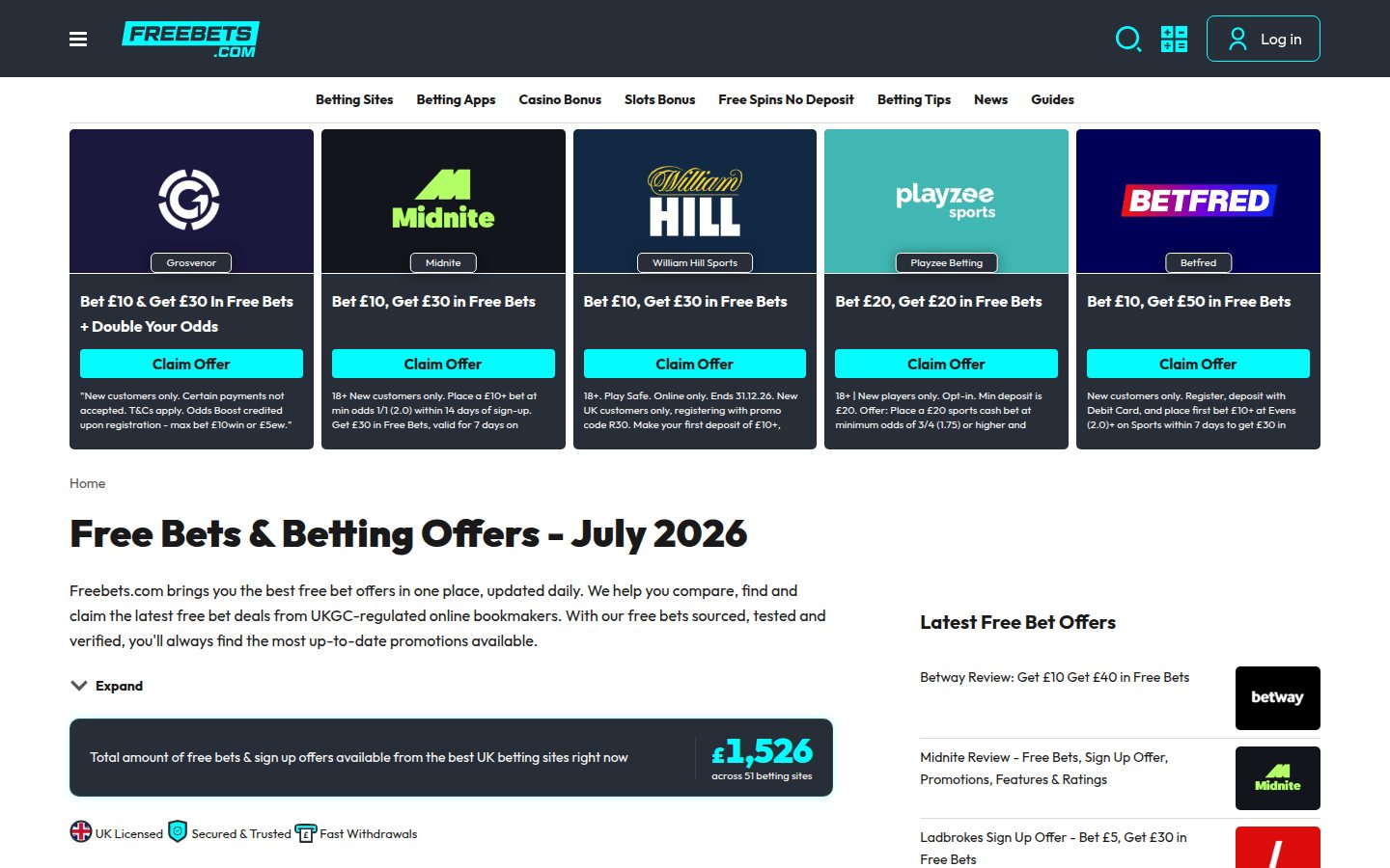 FreeBets homepage screenshot