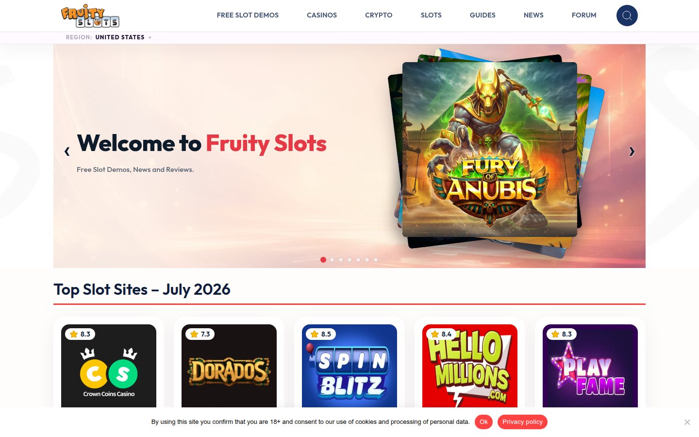 FruitySlots homepage screenshot