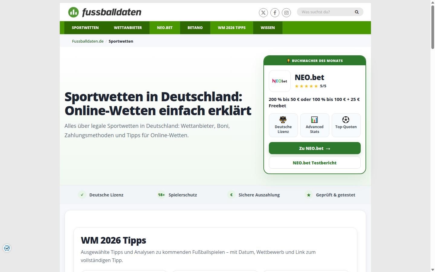Fussballdaten Sportwetten homepage screenshot