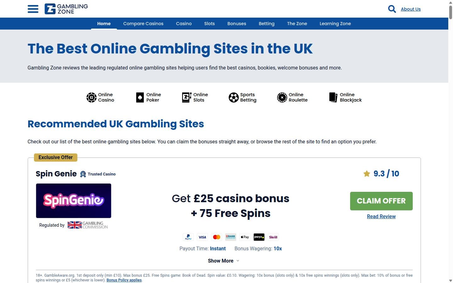 Gambling Zone homepage screenshot