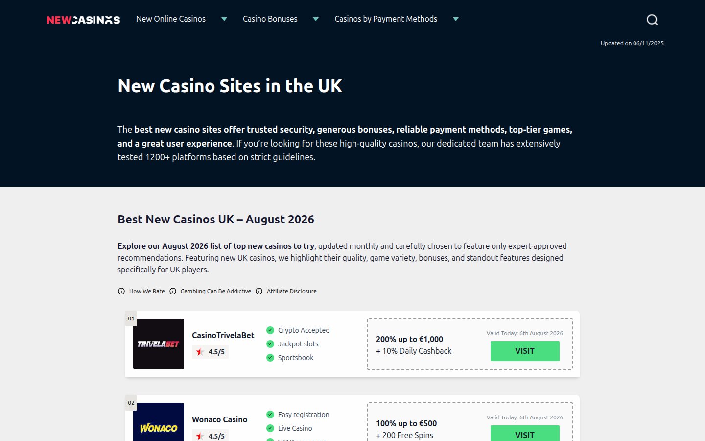 NewCasinos homepage screenshot