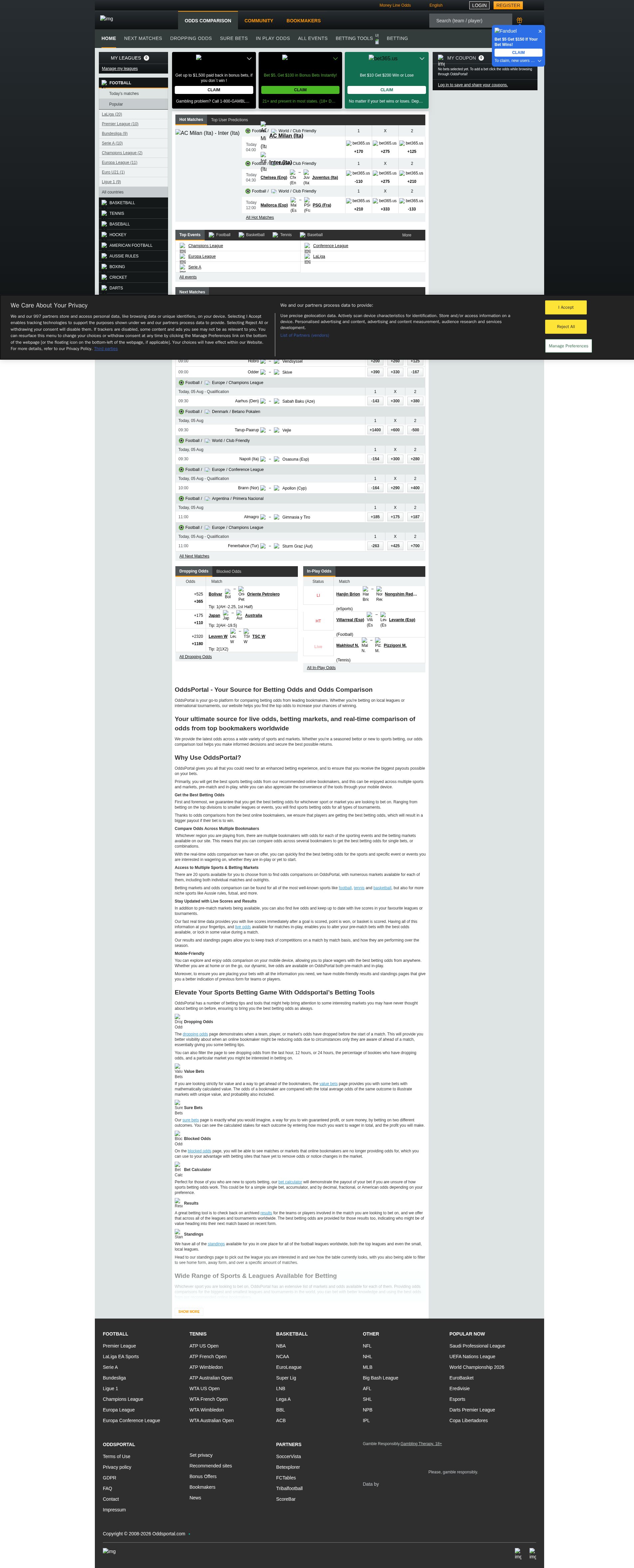 OddsPortal homepage screenshot