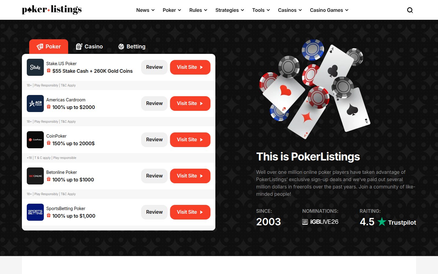 PokerListings homepage screenshot