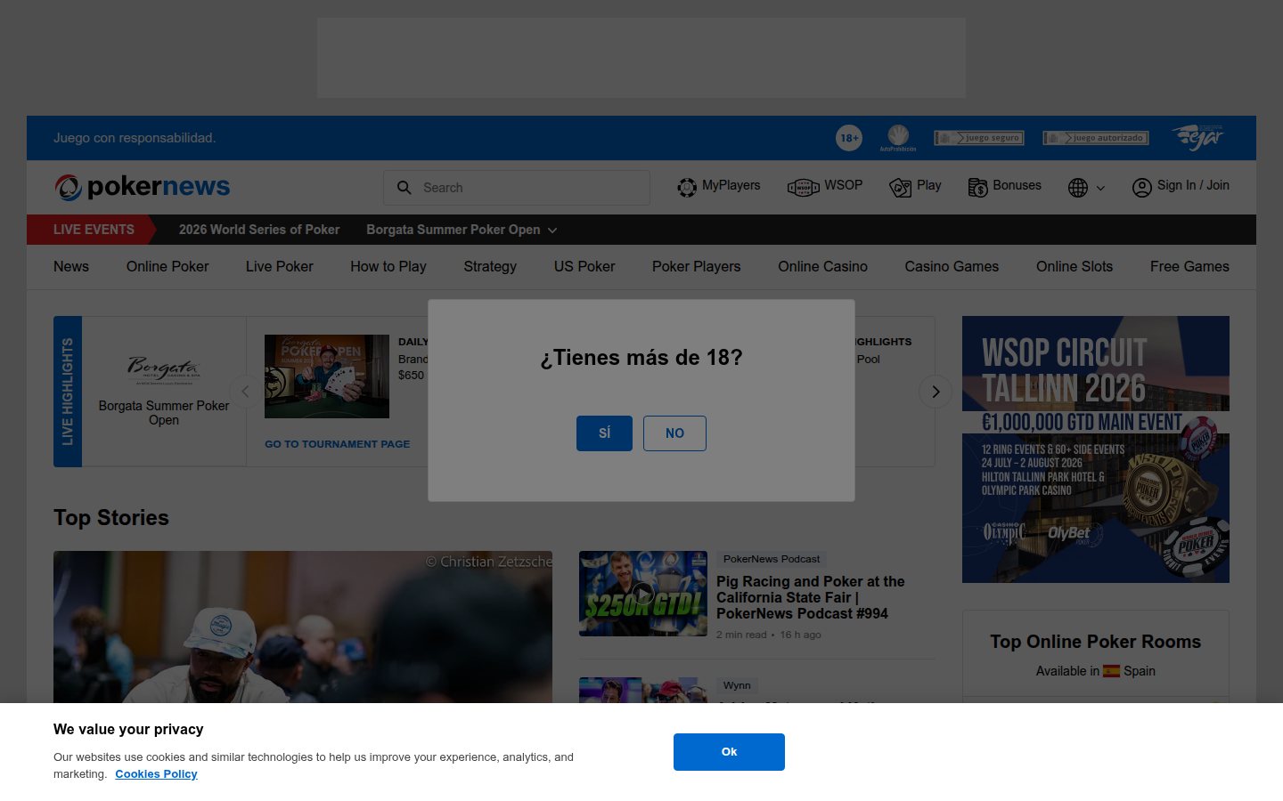 PokerNews homepage screenshot