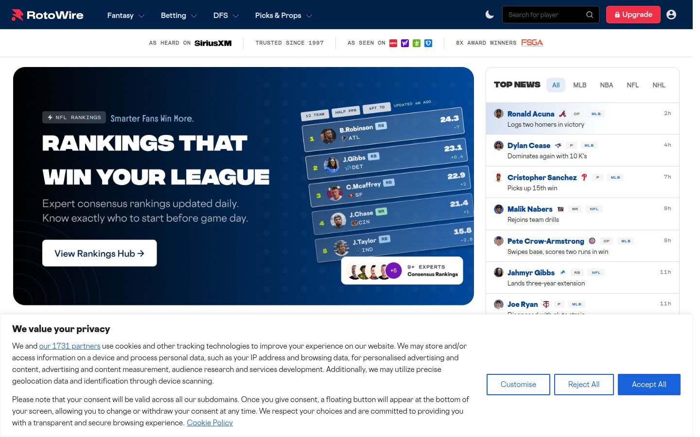 RotoWire homepage screenshot