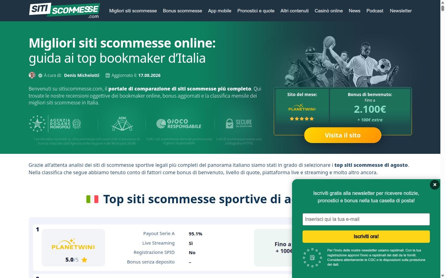 Siti Scommesse homepage screenshot