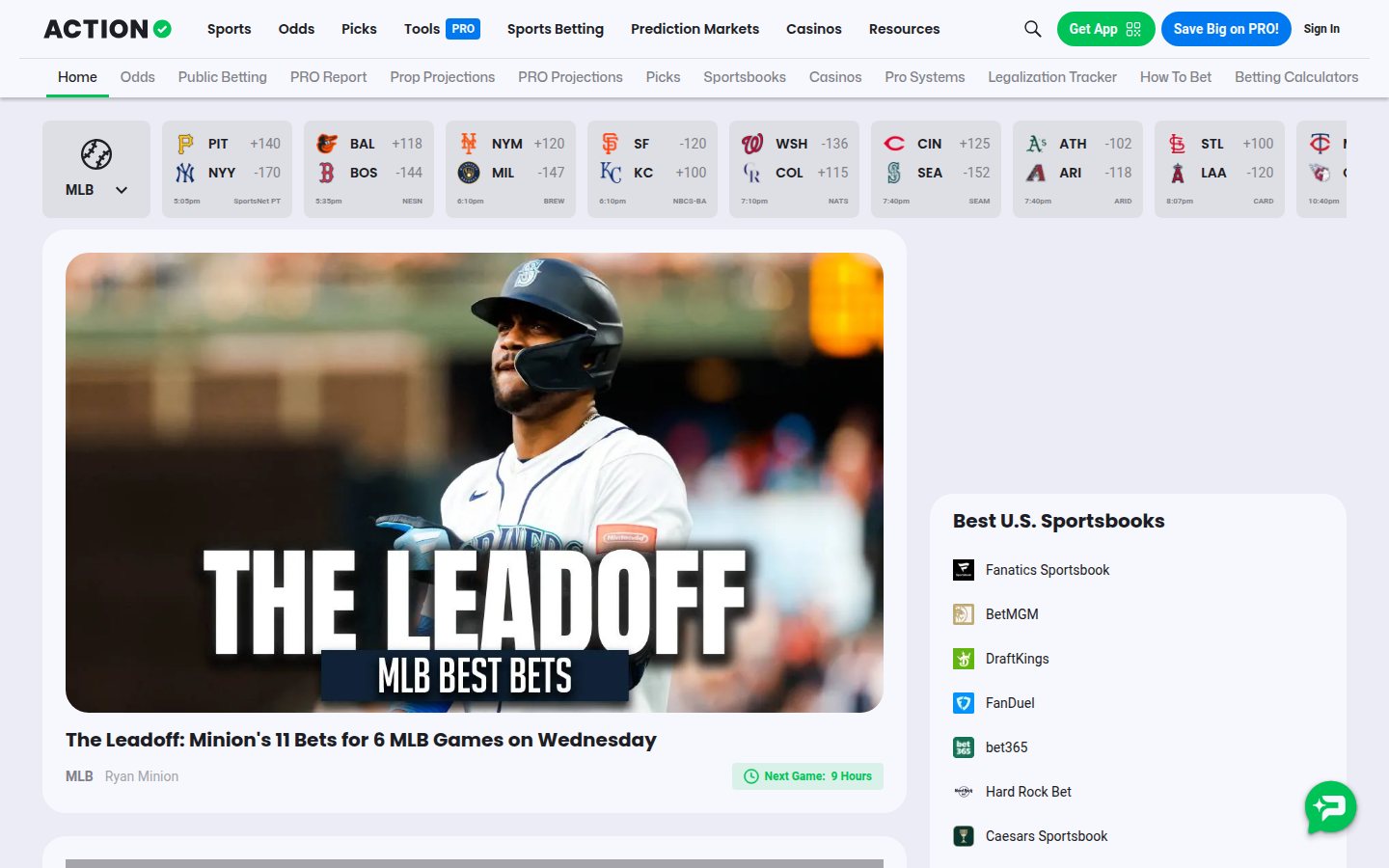 The Action Network homepage screenshot
